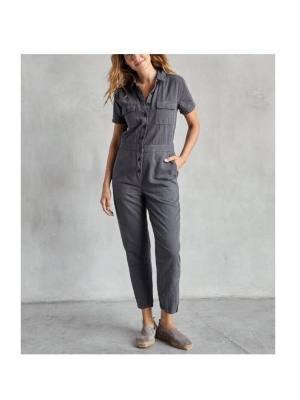Outerknown Size Small Jumpsuit Button Front Organic Cotton Linen Blend Storm Sea